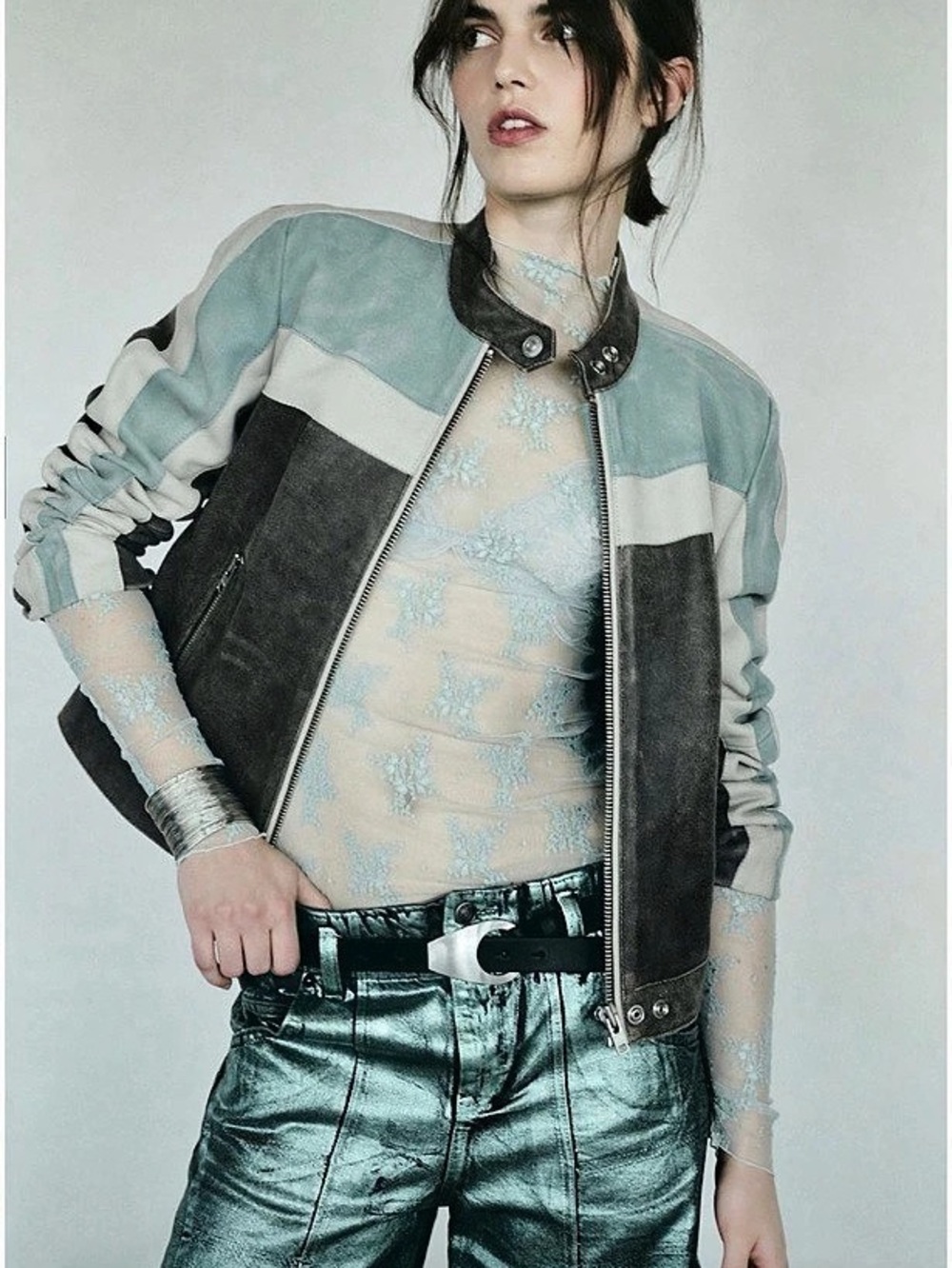 Free People We The Free Fast Lane Moto Jacket Brown & Blue